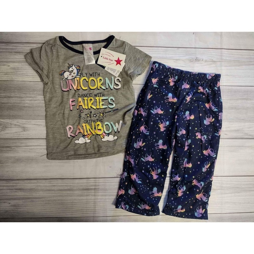 Little Star Kids Girls Unicorn Fairy Rainbow Pajama Set 2T Grey Navy 2-Piece NEW
